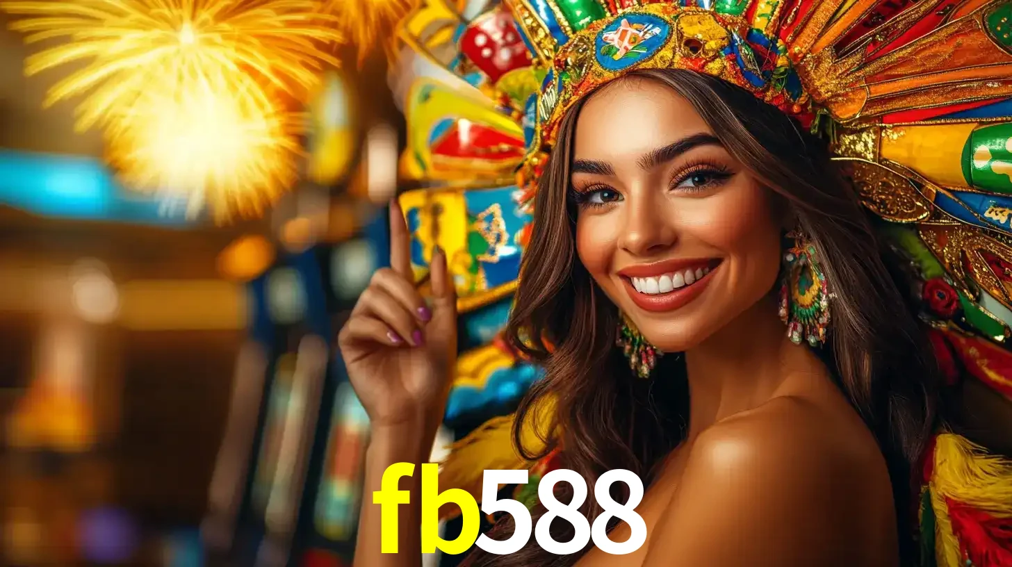 Mulher sorridente com um cocar de carnaval vibrante e colorido, celebrando uma grande vitória nos jogos do cassino fb588 com fogos de artifício ao fundo.