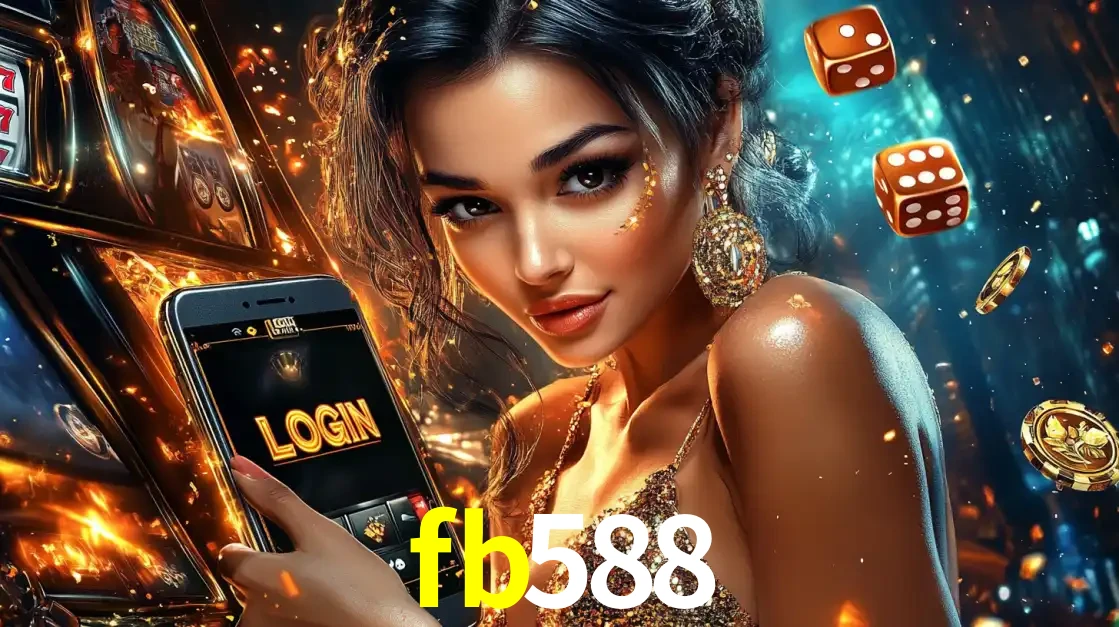 Mulher glamourosa segurando um celular com a tela de login do cassino fb588, rodeada por dados e moedas douradas, pronta para começar a diversão.
