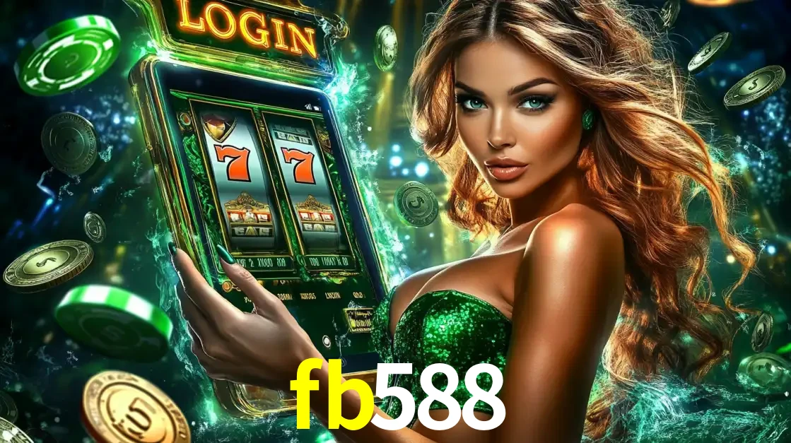 Mulher com tema verde apresentando o aplicativo do cassino fb588 com um jogo de slot de 777, cercada por fichas de cassino e uma aura de sorte.