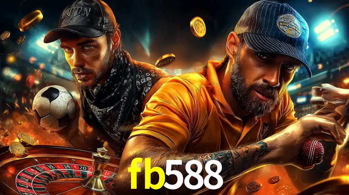Montagem de apostas esportivas e cassino no fb588, com um homem segurando uma bola de futebol e outro uma de beisebol sobre uma roleta e moedas voadoras.