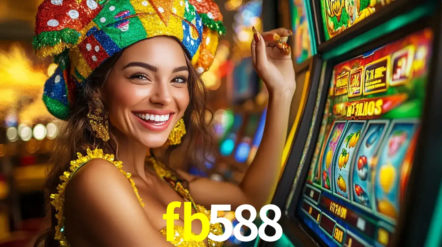 Mulher feliz com traje de carnaval amarelo e colorido ao lado de uma máquina de caça-níqueis, aproveitando a diversão e os jogos temáticos do cassino fb588.
